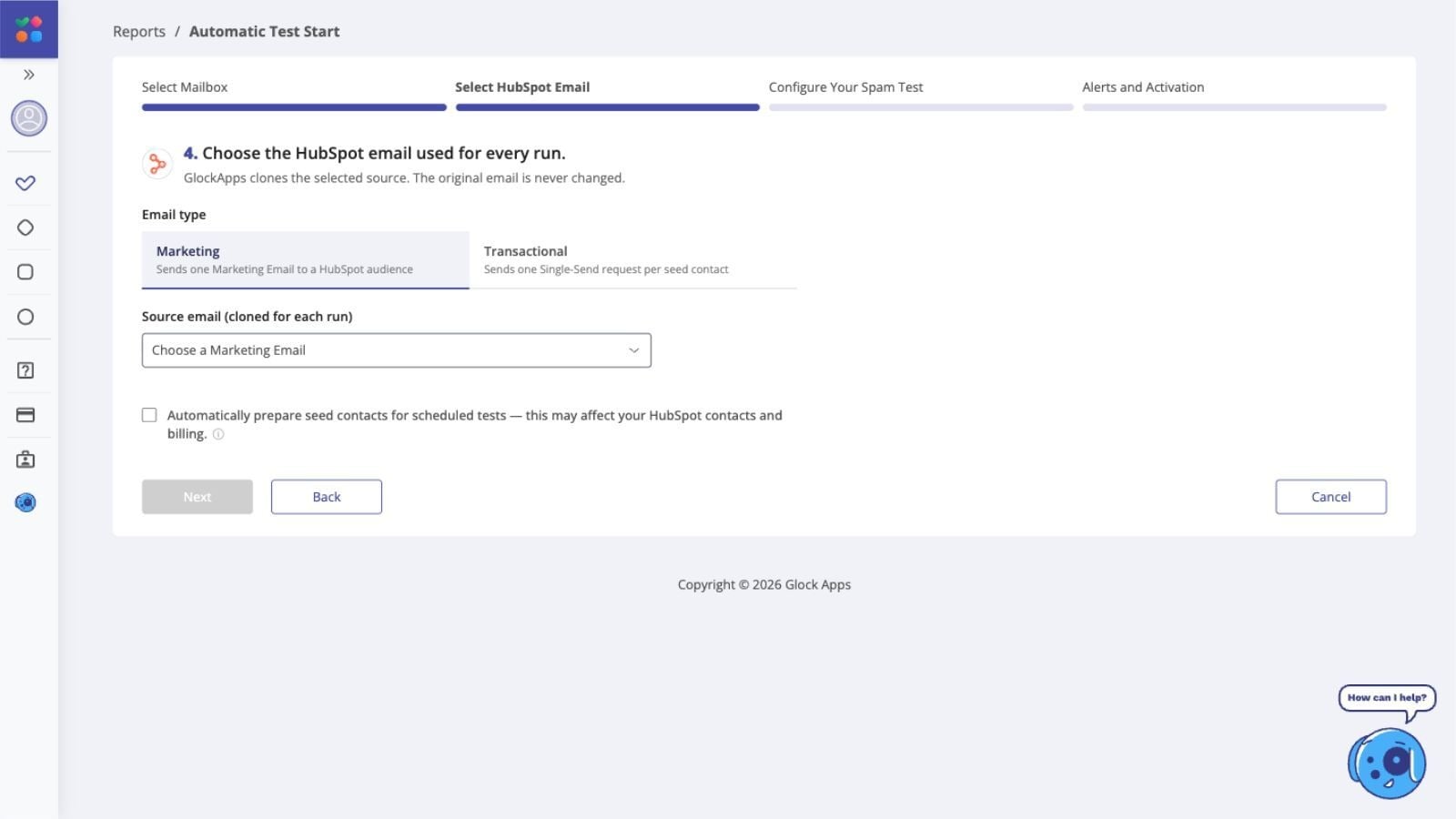 GlockApps screen for selecting a HubSpot Marketing Email for an inbox placement test.