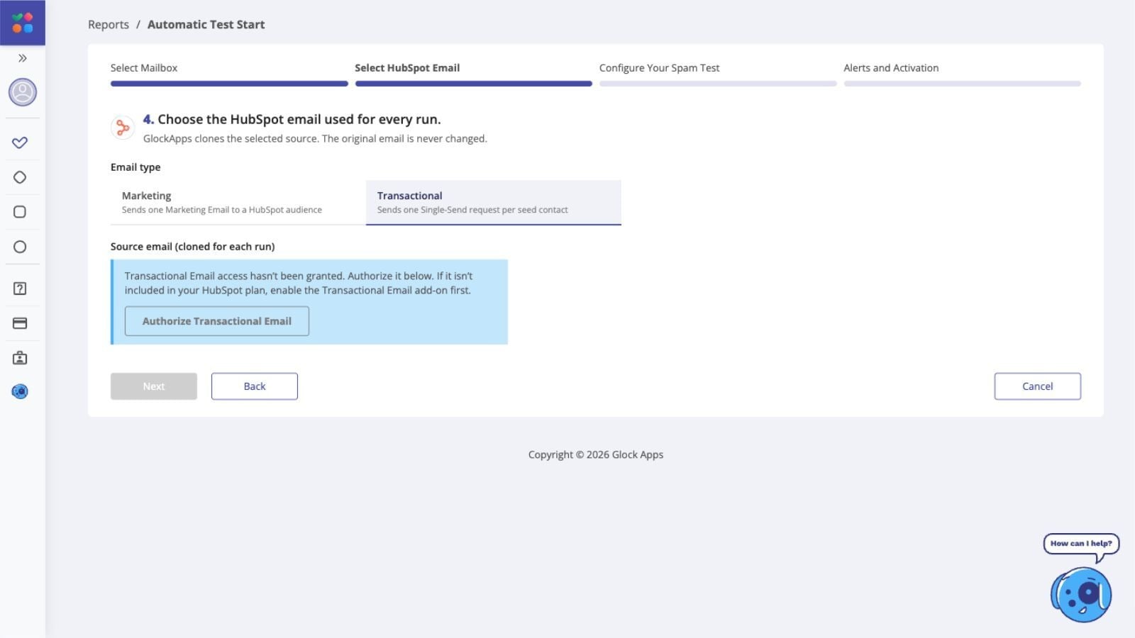 GlockApps screen for selecting a HubSpot Transactional Email for an inbox placement test